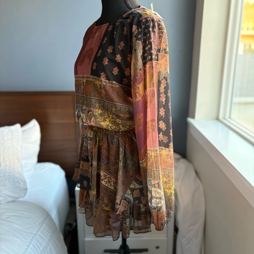 NWT Bluivy Multicolored Patchwork Paisley Long Sleeve Short Romper Smocked Waist - Picture 9 of 17